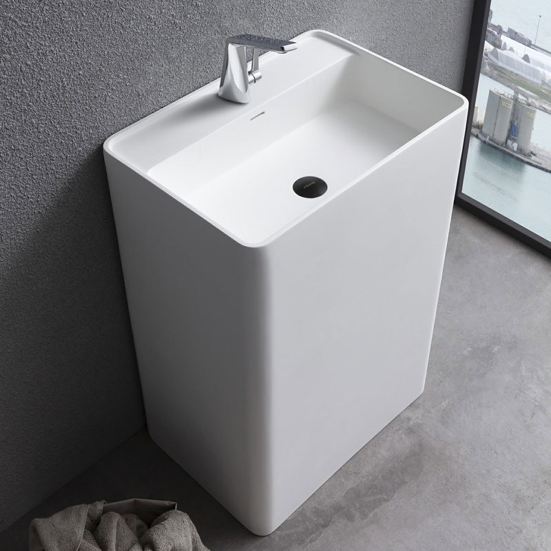 MEDUNJESS 11'' Tall White Stone Square Pedestal Bathroom Sink with